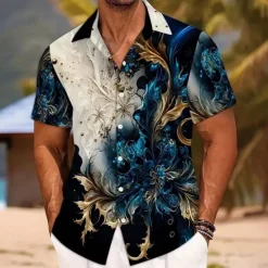 Clearance OUKU Men's Floral Print Flower Shirt Button Up Shirt Short Sleeve Fashion Casual Vacation Holiday Beach Wear Summer Spring Turndown Collared Shirts Blue