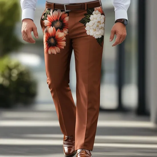 Sale OUKU Men's Floral Print Flowers Dress Pants Trousers Suit Pants Mid Waist Casual Formal Outdoor Vacation Regular Fit Flat-Front Straight Leg Pants with Pockets Summer Spring Fall 3D Print Brown khaki Beige