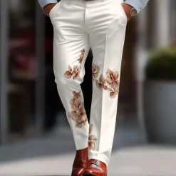 Sale OUKU Men's Floral Print Flowers Dress Pants Trousers Suit Pants Mid Waist Casual Formal Outdoor Vacation Regular Fit Flat-Front Straight Leg Pants with Pockets Summer Spring Fall 3D Print Brown khaki Beige