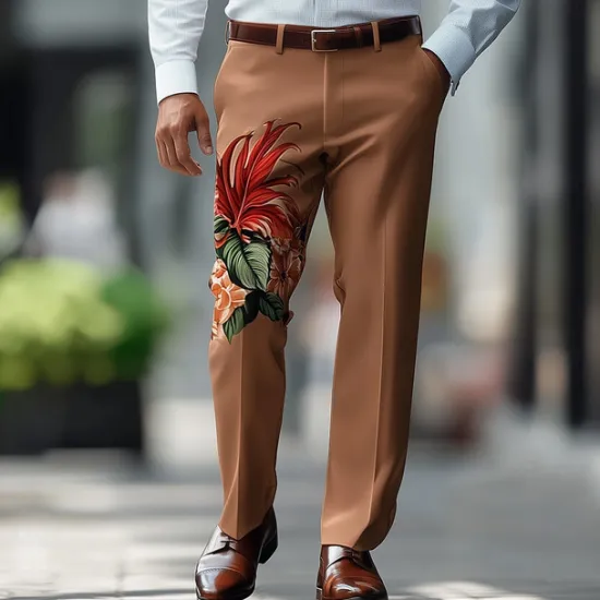 Sale OUKU Men's Floral Print Flowers Dress Pants Trousers Suit Pants Mid Waist Casual Formal Outdoor Vacation Regular Fit Flat-Front Straight Leg Pants with Pockets Summer Spring Fall 3D Print Brown khaki Beige