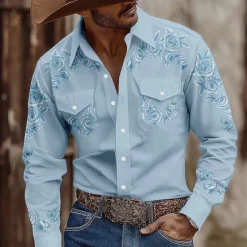 New OUKU Men's Floral Print Flowers Shirt Western Shirt Cowboy Shirt Long Sleeve Vintage Retro Outdoor Casual WorkWear Spring Fall Turndown Front Two Pockets Button Up Shirts Pink Blue Green Khaki