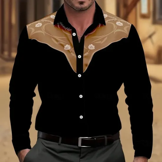 Hot OUKU Men's Floral Print Flowers Western Shirt Button Up Shirt Cowboy Shirt Long Sleeve Western Vintage Retro Outdoor Casual Summer Spring Fall Turndown 3D Print Collared Shirts Brown Khaki Gray