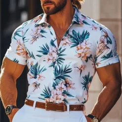 New OUKU Men's Floral Print Flowers Summer Hawaiian Shirt Button Up Shirt Aloha Shirt Short Sleeve Hawaiian Resort Vacation Holiday Beach Wear Summer Spring Turndown Collared Shirts White