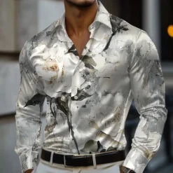 Sale OUKU Men's Floral Print Flowers Satin Shirt Dress Shirt Button Up Shirt Long Sleeve Fashion Casual Vacation Evening Party Wedding Party Summer Spring Turndown Collared Shirts 3D Print Gray