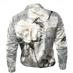 Sale OUKU Men's Floral Print Flowers Satin Shirt Dress Shirt Button Up Shirt Long Sleeve Fashion Casual Vacation Evening Party Wedding Party Summer Spring Turndown Collared Shirts 3D Print Gray