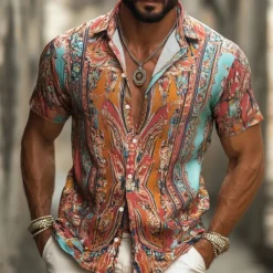 Hot OUKU Men's Floral Print Indian Boho Shirt Summer Hawaiian Shirt Button Up Shirt Short Sleeve Hawaiian Vacation Holiday Beach Wear Summer Spring Turndown 3D Print Collared Shirts Blue Orange