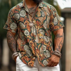 Hot OUKU Men's Floral Print Indian Boho Shirt Summer Hawaiian Shirt Button Up Shirt Short Sleeve Hawaiian Vacation Holiday Beach Wear Summer Spring Turndown 3D Print Collared Shirts Orange Khaki