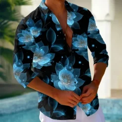 Hot OUKU Men's Floral Print Neon Glow Flowers Shirt Button Up Shirt Long Sleeve Fashion Casual Holiday Streetwear Summer Spring Turndown 3D Print Collared Shirts Light Green Blue Purple Green