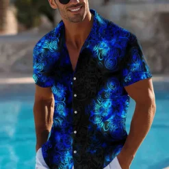 New OUKU Men's Floral Print Neon Glow Flowers Summer Hawaiian Shirt Button Up Shirt Aloha Shirt Short Sleeve Hawaiian Vacation Beach Wear Summer Spring Turndown 3D Print Collared Shirts Black 1 Black
