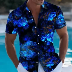 New OUKU Men's Floral Print Neon Glow Flowers Summer Hawaiian Shirt Button Up Shirt Aloha Shirt Short Sleeve Hawaiian Vacation Beach Wear Summer Spring Turndown 3D Print Collared Shirts Black 1 Black