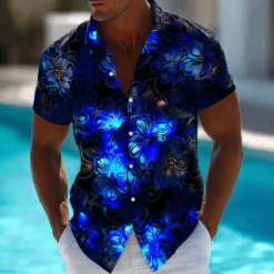 Outlet OUKU Men's Floral Print Neon Glow Flowers Summer Hawaiian Shirt Button Up Shirt Aloha Shirt Short Sleeve Hawaiian Vacation Beach Wear Summer Spring Turndown 3D Print Collared Shirts Black 1 Black
