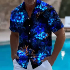 Outlet OUKU Men's Floral Print Neon Glow Flowers Summer Hawaiian Shirt Button Up Shirt Aloha Shirt Short Sleeve Hawaiian Vacation Beach Wear Summer Spring Turndown 3D Print Collared Shirts Black 1 Black