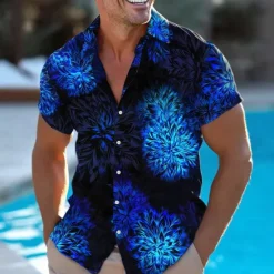 Discount OUKU Men's Floral Print Neon Glow Flowers Summer Hawaiian Shirt Button Up Shirt Aloha Shirt Short Sleeve Hawaiian Vacation Beach Wear Summer Spring Turndown 3D Print Collared Shirts Black 1 Black