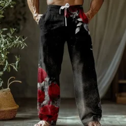 Outlet OUKU Men's Floral Print Rose Flowers Trousers Baggy Pants Casual Pants Mid Waist Retro Vintage Outdoor Vacation Holiday Side Pockets Elastic Waist Wide Leg Summer Spring 3D Print Red Blue Purple