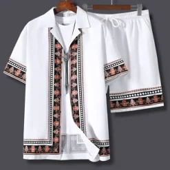 OUKU Men's Floral Print Totem Ethnic 2pcs Shirts Sets Summer Hawaiian Shirt Short Sleeve Short Pants Cuban Collar Fashion Streetwear Hawaiian Outdoor Street Daily Print Summer Spring White