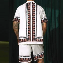 OUKU Men's Floral Print Totem Ethnic 2pcs Shirts Sets Summer Hawaiian Shirt Short Sleeve Short Pants Cuban Collar Fashion Streetwear Hawaiian Outdoor Street Daily Print Summer Spring White
