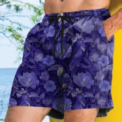 Online OUKU Men's Floral Print Tropical Plants Flowers Swim Trunks Swim Shorts Board Shorts Mid Waist Streetwear Hawaiian Vacation Side Pockets Mesh Lining Elastic Drawstring Waist Designer Clothing Apparel