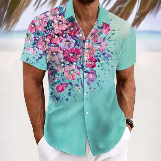 Best OUKU Men's Floral Print Tropical Flowers Shirt Summer Hawaiian Shirt Button Up Shirt Short Sleeve Hawaiian Resort Vacation Holiday Beach Wear Summer Spring Turndown 3D Print Collared Shirts Yellow Blue