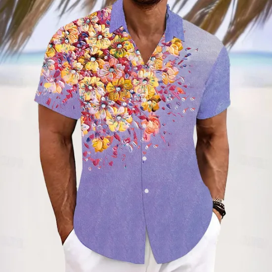 Best OUKU Men's Floral Print Tropical Flowers Shirt Summer Hawaiian Shirt Button Up Shirt Short Sleeve Hawaiian Resort Vacation Holiday Beach Wear Summer Spring Turndown 3D Print Collared Shirts Yellow Blue