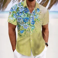 Best OUKU Men's Floral Print Tropical Flowers Shirt Summer Hawaiian Shirt Button Up Shirt Short Sleeve Hawaiian Resort Vacation Holiday Beach Wear Summer Spring Turndown 3D Print Collared Shirts Yellow Blue