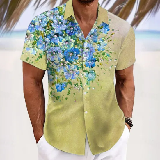 Best OUKU Men's Floral Print Tropical Flowers Shirt Summer Hawaiian Shirt Button Up Shirt Short Sleeve Hawaiian Resort Vacation Holiday Beach Wear Summer Spring Turndown 3D Print Collared Shirts Yellow Blue