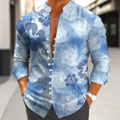 New OUKU Men's Floral Print Tropical Flowers Shirt Aloha Shirt Stand Collar Shirt Long Sleeve Hawaiian Vacation Daily Wear Going out Spring Fall Mandarin Collar Band Collar Button-Down Linen Like Shirt Blue