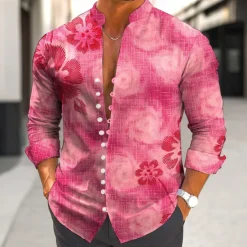 New OUKU Men's Floral Print Tropical Flowers Shirt Aloha Shirt Stand Collar Shirt Long Sleeve Hawaiian Vacation Daily Wear Going out Spring Fall Mandarin Collar Band Collar Button-Down Linen Like Shirt Blue