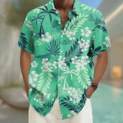 Clearance OUKU Men's Floral Print Tropical Flowers Summer Hawaiian Shirt Button Up Shirt Aloha Shirt Short Sleeve Hawaiian Vacation Beach Wear Summer Spring Turndown 3D Print Collared Shirts Red Blue Sky Blue Green