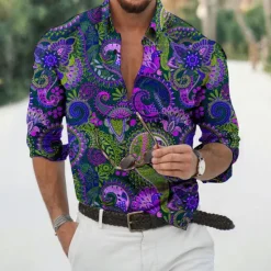 Online OUKU Men's Floral Shirt Button Up Shirt Long Sleeve Fashion Designer Casual Daily Holiday Going out Spring & Summer Turndown 3D Print Button-Down White Yellow Light Purple Purple
