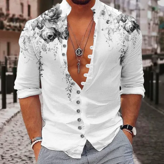 Discount OUKU Men's Floral Shirt Button Up Shirt Long Sleeve Fashion Streetwear Designer Outdoor Casual Daily Summer Spring Fall Stand Collar Print Yellow Pink Purple Green Gray