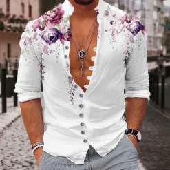 Discount OUKU Men's Floral Shirt Button Up Shirt Long Sleeve Fashion Streetwear Designer Outdoor Casual Daily Summer Spring Fall Stand Collar Print Yellow Pink Purple Green Gray