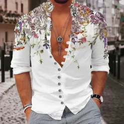 Discount OUKU Men's Floral Shirt Button Up Shirt Long Sleeve Fashion Streetwear Designer Outdoor Casual Daily Summer Spring Fall Stand Collar Print Yellow Pink Purple Green Gray
