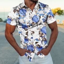 Online OUKU Men's Floral Shirt Button Up Shirt Short Sleeve Fashion Streetwear Designer Outdoor Street Daily Summer Spring Turndown Print Black White Navy Blue Blue Gold