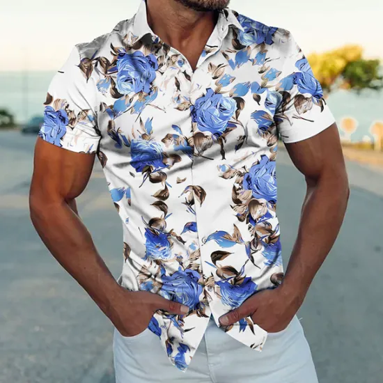 Online OUKU Men's Floral Shirt Button Up Shirt Short Sleeve Fashion Streetwear Designer Outdoor Street Daily Summer Spring Turndown Print Black White Navy Blue Blue Gold