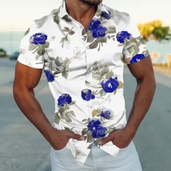 Online OUKU Men's Floral Shirt Button Up Shirt Short Sleeve Fashion Streetwear Designer Outdoor Street Daily Summer Spring Turndown Print Black White Navy Blue Blue Gold