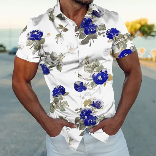 Online OUKU Men's Floral Shirt Button Up Shirt Short Sleeve Fashion Streetwear Designer Outdoor Street Daily Summer Spring Turndown Print Black White Navy Blue Blue Gold