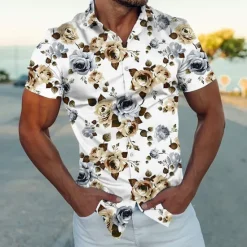 Online OUKU Men's Floral Shirt Button Up Shirt Short Sleeve Fashion Streetwear Designer Outdoor Street Daily Summer Spring Turndown Print Black White Navy Blue Blue Gold