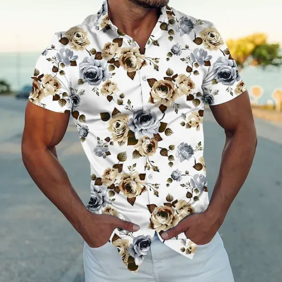 Online OUKU Men's Floral Shirt Button Up Shirt Short Sleeve Fashion Streetwear Designer Outdoor Street Daily Summer Spring Turndown Print Black White Navy Blue Blue Gold