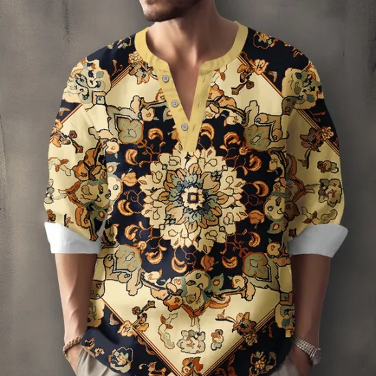 Discount OUKU Men's Floral Shirt Button Up Shirt Henley Shirt Long Sleeve Vintage Casual Vacation Daily Beach Wear Summer Spring Fall Collarless V Neck Buttons 3D Print Khaki