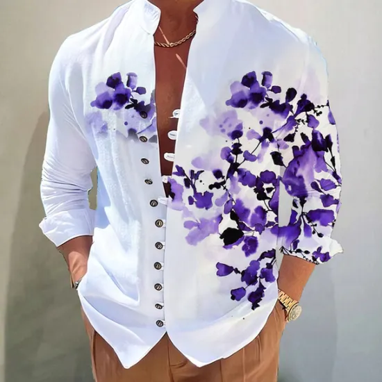 Clearance OUKU Men's Floral Shirt Button Up Shirt Long Sleeve Fashion Designer Casual Vacation Daily Going out Fall Autumn / Fall Spring & Summer Stand Collar Print Yellow Blue Purple Green Gray