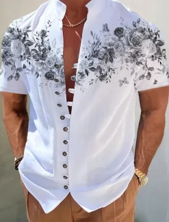 Outlet OUKU Men's Floral Shirt Button Up Shirt Short Sleeve Fashion Streetwear Designer Outdoor Casual Daily Spring & Summer Stand Collar Print Red Blue Purple Green Gray