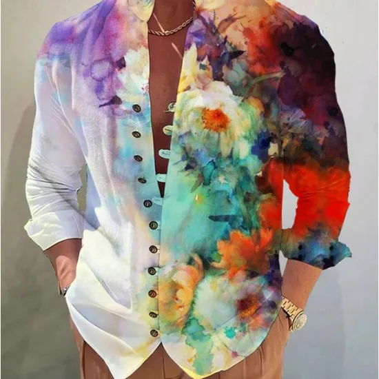 Sale OUKU Men's Floral Shirt Button Up Shirt Long Sleeve Fashion Designer Casual Vacation Daily Going out Fall Autumn / Fall Spring & Summer Stand Collar Print White+Red Black White Yellow Pink
