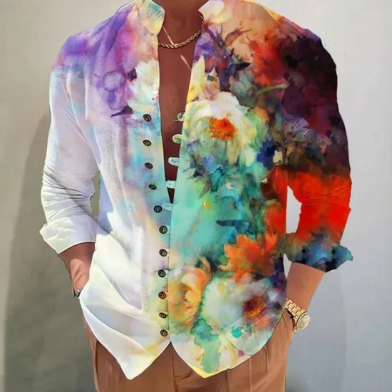 Sale OUKU Men's Floral Shirt Button Up Shirt Long Sleeve Fashion Designer Casual Vacation Daily Going out Fall Autumn / Fall Spring & Summer Stand Collar Print White+Red Black White Yellow Pink