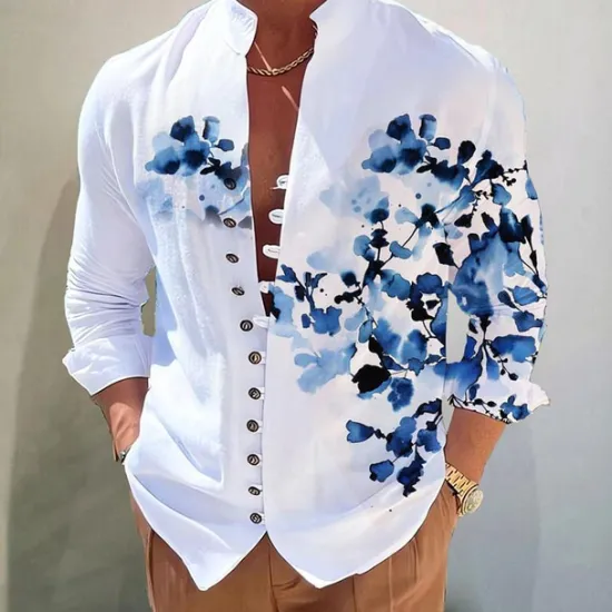 Sale OUKU Men's Floral Shirt Button Up Shirt Long Sleeve Fashion Designer Casual Vacation Daily Going out Fall Autumn / Fall Spring & Summer Stand Collar Print White+Red Black White Yellow Pink
