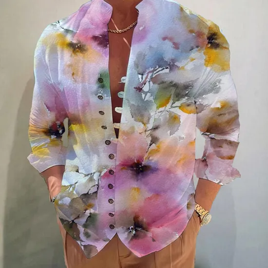 Sale OUKU Men's Floral Shirt Button Up Shirt Long Sleeve Fashion Designer Casual Vacation Daily Going out Fall Autumn / Fall Spring & Summer Stand Collar Print White+Red Black White Yellow Pink