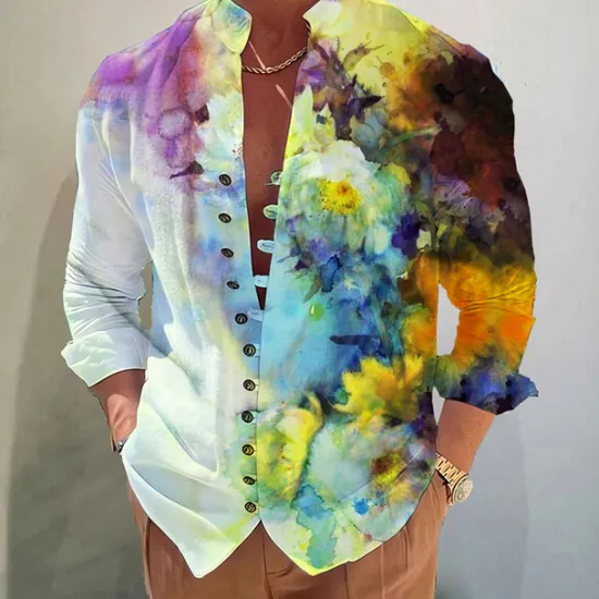 Sale OUKU Men's Floral Shirt Button Up Shirt Long Sleeve Fashion Designer Casual Vacation Daily Going out Fall Autumn / Fall Spring & Summer Stand Collar Print White+Red Black White Yellow Pink