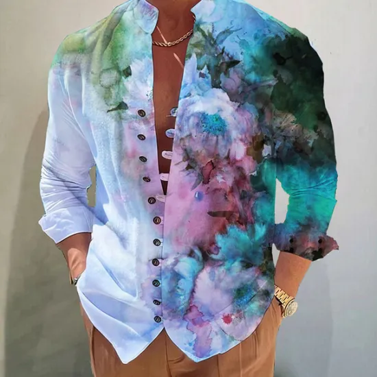 Sale OUKU Men's Floral Shirt Button Up Shirt Long Sleeve Fashion Designer Casual Vacation Daily Going out Fall Autumn / Fall Spring & Summer Stand Collar Print White+Red Black White Yellow Pink