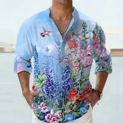 Discount OUKU Men's Floral Shirt Button Up Shirt Long Sleeve Fashion Streetwear Designer Daily Going out Summer Spring Fall Stand Collar Print Yellow Blue Purple Green