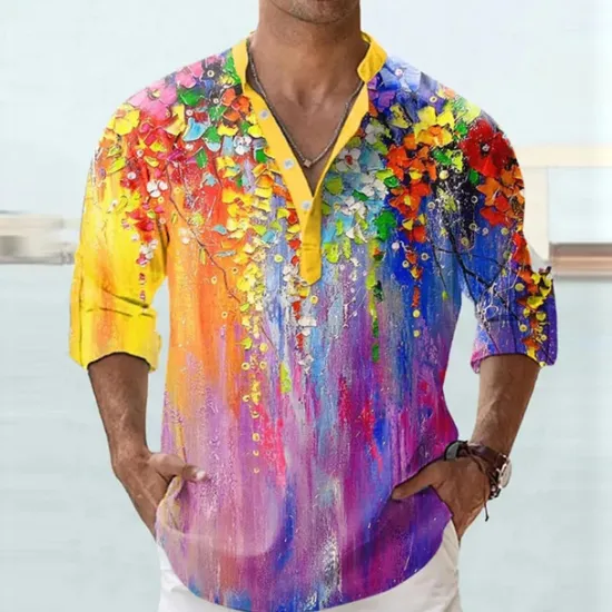 Discount OUKU Men's Floral Shirt Button Up Shirt Long Sleeve Fashion Streetwear Designer Daily Going out Summer Spring Fall Stand Collar Print Yellow Blue Purple Green