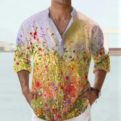 Discount OUKU Men's Floral Shirt Button Up Shirt Long Sleeve Fashion Streetwear Designer Daily Going out Summer Spring Fall Stand Collar Print Yellow Blue Purple Green